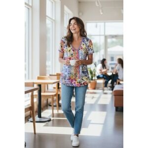 Johnny Was Mosaic Floral Print V Neck Short Sleeve Tunic Top M